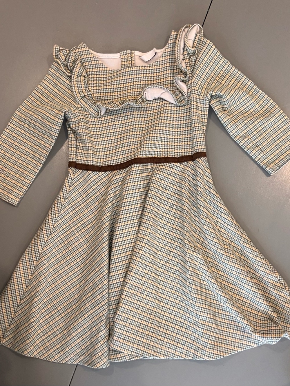 Girls Janie and jack Plaid Ruffle Waist Dress in Cream and Blue